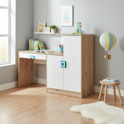 White And Light Oak Desk With Storage Nico 11 Turquoise Handles - image 1