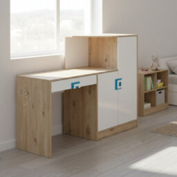 White And Light Oak Desk With Storage Nico 11 Turquoise Handles - thumbnail 2