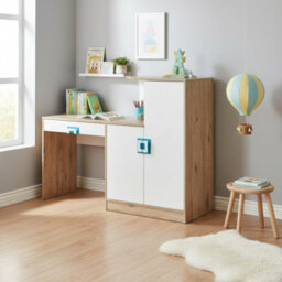 White And Light Oak Desk With Storage Nico 11 Turquoise Handles - thumbnail 1