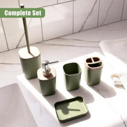 Geezy Bathroom Accessories Set 5Pc Toilet Brush Soap Dish Dispenser Cup Sage Green - thumbnail 5