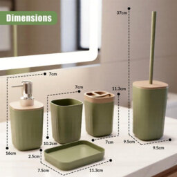 Geezy Bathroom Accessories Set 5Pc Toilet Brush Soap Dish Dispenser Cup Sage Green - thumbnail 2