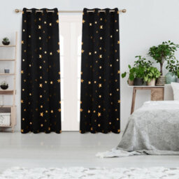 Deconovo Blackout Curtains, Bedroom Curtains, Gold Star Foil Printed Eyelet Curtains, W46 X L90 Inch, Black, 1 Pair - thumbnail 2