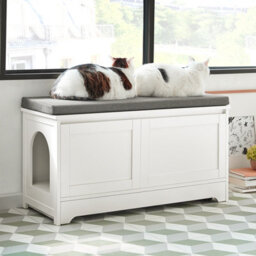 Sobuy Fsr136-W,cat House Shoe Bench Shoe Cabinet With 3 Built-In Cat Bowls,white,w90Xd35Xh48 - thumbnail 2