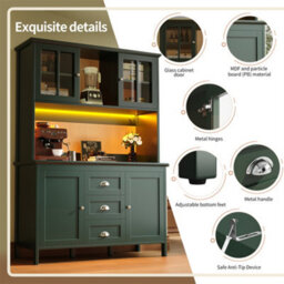 Abrihome Sideboard, Storage Cabinet, Kitchen Cabinet, Tall Sideboard With Led Lighting, 120X40X179 Cm, 4 Doors & 3 Drawers, Green - thumbnail 2