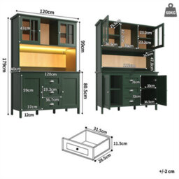 Abrihome Sideboard, Storage Cabinet, Kitchen Cabinet, Tall Sideboard With Led Lighting, 120X40X179 Cm, 4 Doors & 3 Drawers, Green - thumbnail 5