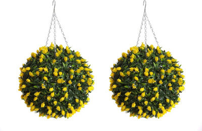Pair Of Best Artificial 38Cm Yellow Lush Tulip Hanging Basket Flower Topiary Ball - Weather & Fade Resistant - image 1