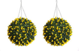 Pair Of Best Artificial 38Cm Yellow Lush Tulip Hanging Basket Flower Topiary Ball - Weather & Fade Resistant