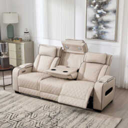 More4Homes Capri Electric Recliner 3 Seater Sofa (Beige) - Fold Down Drinks Tray, Wireless Charging, Air Leather, Led Lighting, Cupholders - thumbnail 7