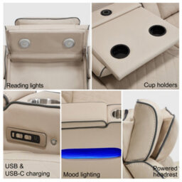 More4Homes Capri Electric Recliner 3 Seater Sofa (Beige) - Fold Down Drinks Tray, Wireless Charging, Air Leather, Led Lighting, Cupholders - thumbnail 6