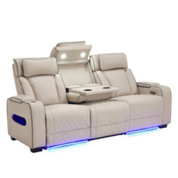 More4Homes Capri Electric Recliner 3 Seater Sofa (Beige) - Fold Down Drinks Tray, Wireless Charging, Air Leather, Led Lighting, Cupholders - thumbnail 2