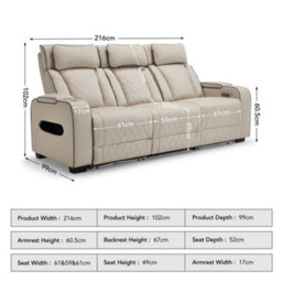 More4Homes Capri Electric Recliner 3 Seater Sofa (Beige) - Fold Down Drinks Tray, Wireless Charging, Air Leather, Led Lighting, Cupholders - thumbnail 9