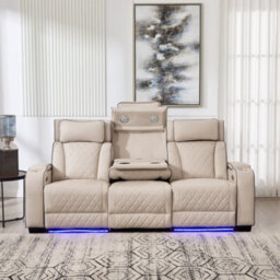 More4Homes Capri Electric Recliner 3 Seater Sofa (Beige) - Fold Down Drinks Tray, Wireless Charging, Air Leather, Led Lighting, Cupholders - thumbnail 8