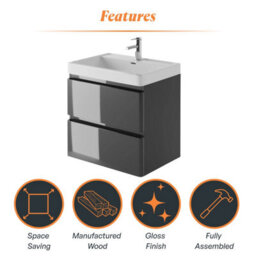 Plum&clay Marvel Gloss Dark Grey Wall Hung Bathroom Vanity Unit With Resin Basin (W)600mm - thumbnail 6