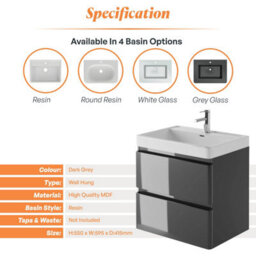 Plum&clay Marvel Gloss Dark Grey Wall Hung Bathroom Vanity Unit With Resin Basin (W)600mm - thumbnail 5