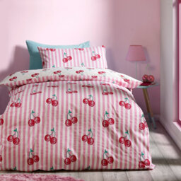 Catherine Lansfield Disco Cherries Stripes Reversible Duvet Cover Set With Pillowcase Pink - thumbnail 1