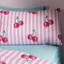 Catherine Lansfield Disco Cherries Stripes Reversible Duvet Cover Set With Pillowcase Pink - thumbnail 3