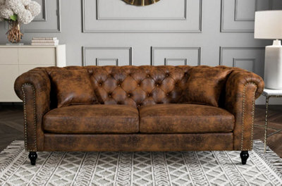 Chesterfield Sofa With Wooden Feet In Faux Leather Suede Brown Fabric 3 Seater Sofa - image 1