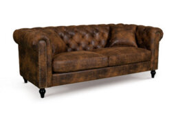 Chesterfield Sofa With Wooden Feet In Faux Leather Suede Brown Fabric 3 Seater Sofa - thumbnail 4