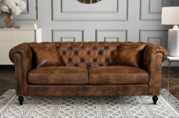 Chesterfield Sofa With Wooden Feet In Faux Leather Suede Brown Fabric 3 Seater Sofa
