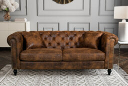Chesterfield Sofa With Wooden Feet In Faux Leather Suede Brown Fabric 3 Seater Sofa - thumbnail 2