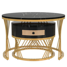 Abrihome Mdf 2-In-1 Round Nesting Coffee Table With Marble Veneer Top, Rattan Drawers & Gold Iron Legs, 70X70X45.5Cm - thumbnail 7