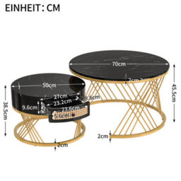 Abrihome Mdf 2-In-1 Round Nesting Coffee Table With Marble Veneer Top, Rattan Drawers & Gold Iron Legs, 70X70X45.5Cm - thumbnail 8