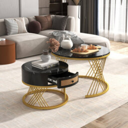 Abrihome Mdf 2-In-1 Round Nesting Coffee Table With Marble Veneer Top, Rattan Drawers & Gold Iron Legs, 70X70X45.5Cm - thumbnail 9