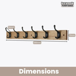 Keypak 6 Matte Black Coat Hooks On Ash Effect Wooden Board - 68Cm Modern Wall Mounted Coat Rack Clothes Hanger - thumbnail 3