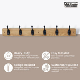 Keypak 6 Matte Black Coat Hooks On Ash Effect Wooden Board - 68Cm Modern Wall Mounted Coat Rack Clothes Hanger - thumbnail 2