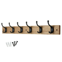 Keypak 6 Matte Black Coat Hooks On Ash Effect Wooden Board - 68Cm Modern Wall Mounted Coat Rack Clothes Hanger