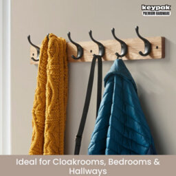 Keypak 6 Matte Black Coat Hooks On Ash Effect Wooden Board - 68Cm Modern Wall Mounted Coat Rack Clothes Hanger - thumbnail 5