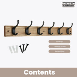 Keypak 6 Matte Black Coat Hooks On Ash Effect Wooden Board - 68Cm Modern Wall Mounted Coat Rack Clothes Hanger - thumbnail 4