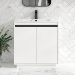 Royal Bathrooms Orion 800mm Matt White 2 Door Floor Standing Bathroom Vanity Unit With Carrara White Basin & Black Accent Trim - thumbnail 1