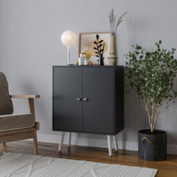Urbn-Living Urbnliving 60Cm Height 2 Tier Black Wooden Bookcase With Black Door Scandinavian Style White Legs Bedroom Shelf - thumbnail 1