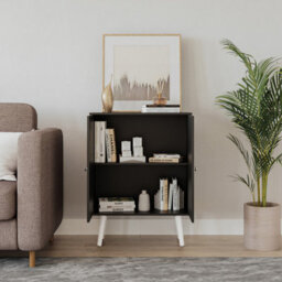 Urbn-Living Urbnliving 60Cm Height 2 Tier Black Wooden Bookcase With Black Door Scandinavian Style White Legs Bedroom Shelf - thumbnail 2