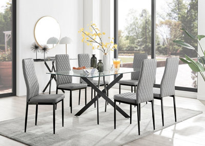 Furniturebox Leonardo 6 Seater Rectangular Glass Dining Table With Silver Metal Legs & 6 Grey Milan Faux Leather Black Leg Chairs - image 1