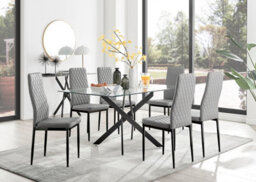 Furniturebox Leonardo 6 Seater Rectangular Glass Dining Table With Silver Metal Legs & 6 Grey Milan Faux Leather Black Leg Chairs