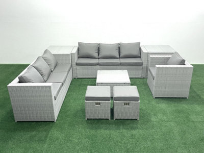Fimous Wicker Pe Rattan Sofa Garden Furniture Set Armchair Square Coffee Table 2 Small Stools 2 Side Tables Light Grey - image 1