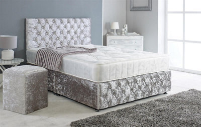 Adore Designs Adore Living Chesterfield Crushed Velvet Divan Bed With Orthopaedic Mattress And Square Stool In Silver