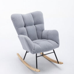 Abrihome Mid Century Modern Teddy Fabric Tufted Upholstered Rocking Chair Padded Seat For Living Room Bedroom, Light Grey - thumbnail 4