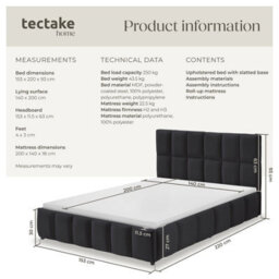 Tectake Upholstered Bed Set With Mattress, 2 Firmness Levels, 250 Kg 140 X 200 Cm -  30 Cm -  Velvet Look Black - thumbnail 6