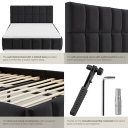 Tectake Upholstered Bed Set With Mattress, 2 Firmness Levels, 250 Kg 140 X 200 Cm -  30 Cm -  Velvet Look Black - thumbnail 5