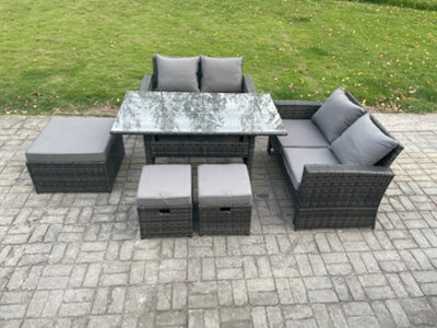 Fimous 7 Seater High Back  Outdoor Garden Furniture Rattan Sofa Dining Table Set With 3 Footstools Dark Grey Mixed - image 1