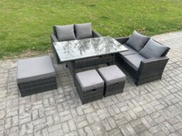 Fimous 7 Seater High Back  Outdoor Garden Furniture Rattan Sofa Dining Table Set With 3 Footstools Dark Grey Mixed - thumbnail 2