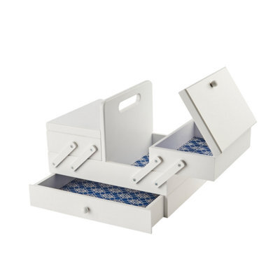 Sewing Online Medium Wooden Cantilever Sewing Box White With Geometric Design Interior - image 1