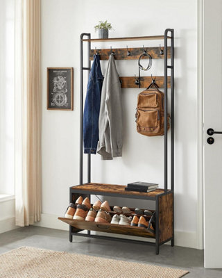 Songmics Hall Tree Bench, Coat Rack With Shoe Organizer, Equipped With 9 Hooks And Upper Shelf, Industrial, Rustic Brown And Black - image 1