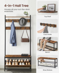 Songmics Hall Tree Bench, Coat Rack With Shoe Organizer, Equipped With 9 Hooks And Upper Shelf, Industrial, Rustic Brown And Black - thumbnail 4
