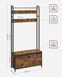 Songmics Hall Tree Bench, Coat Rack With Shoe Organizer, Equipped With 9 Hooks And Upper Shelf, Industrial, Rustic Brown And Black - thumbnail 2