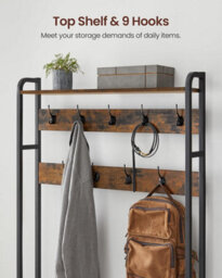 Songmics Hall Tree Bench, Coat Rack With Shoe Organizer, Equipped With 9 Hooks And Upper Shelf, Industrial, Rustic Brown And Black - thumbnail 7