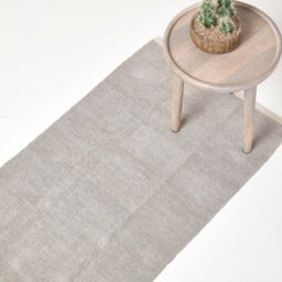 Homescapes Light Grey 100% Cotton Plain Chenille Rug With Natural Trim, 66 X 200 Cm